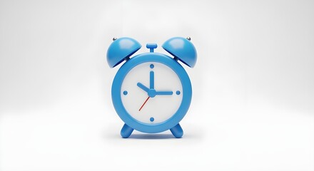 High-quality 3D blue alarm clock icon in cartoon plastic style, cute proportions, shiny plastic texture, small round feet, twin bells, centered on white background, minimal design, perfect for mobile 