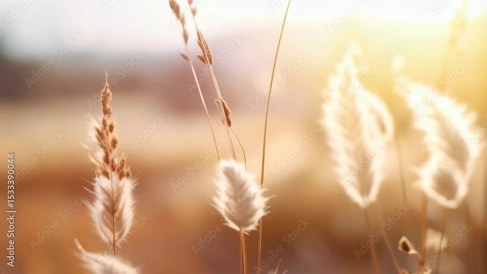 Poster golden hour light illuminates field of wild grasses swaying gently in the breeze creating a warm and