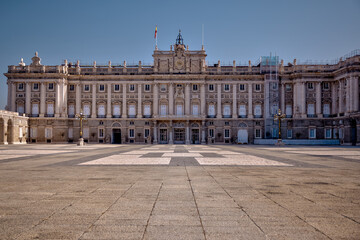 Madrid, Spain - May 30, 2025: Exterior of the Royal Palace of Madrid in the Centro district of Madrid in Spain

