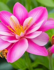 Fototapeta premium Vibrant Pink Lotus-Inspired Bloom with Yellow Stamens on Green Background
