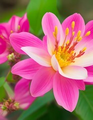 Fototapeta premium Macro Shot of Bright Pink Blossom with Yellow Core