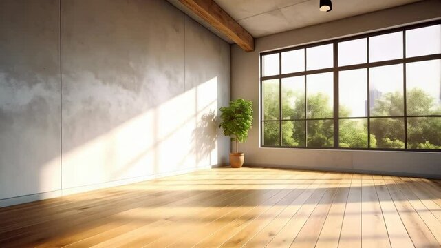 Bright empty loft space with sunlight streaming through windows and hardwood flooring; plant and exposed ceiling beams.