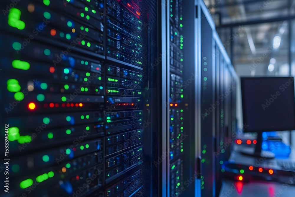 Poster server room with multiple rows of data servers with illuminated led lights and data center equipment
