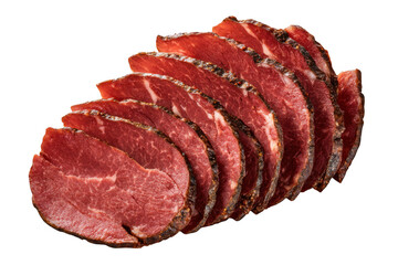 Sliced pastrami meat food close up on white background on transparent background