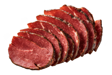 Sliced pastrami meat food close up on white background on transparent background