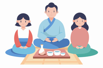 Fototapeta premium Family enjoying a tea ceremony, together, with copy space
