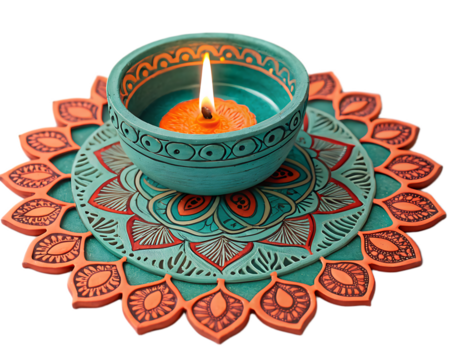 Teal bowl with a candle on a mandala patterned coaster against a black background close up shot