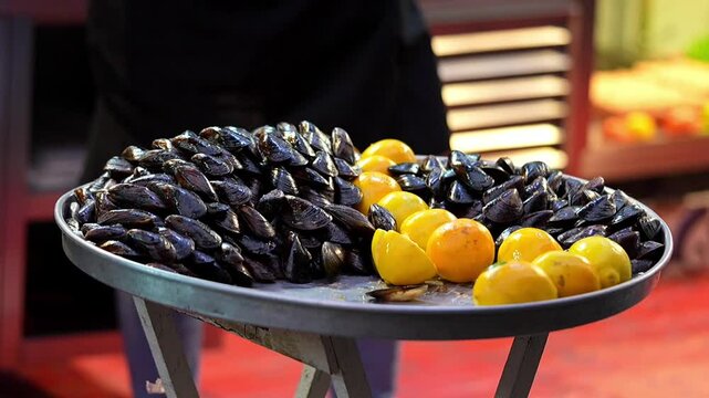 Midye Dolma Stuffed Mussels Street Food in Turkey - 120fps Slow Motion 4K Footage