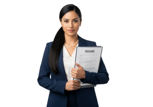 Woman in a suit holding a resume against atransparent background
