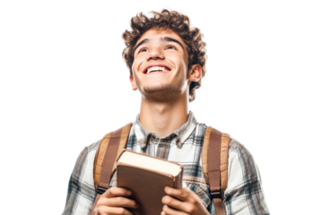 Happy student holding book, looking up, transparent background, wearing plaid shirt and backpack, hopeful expression, education concept, positive mood, casual style, youthful