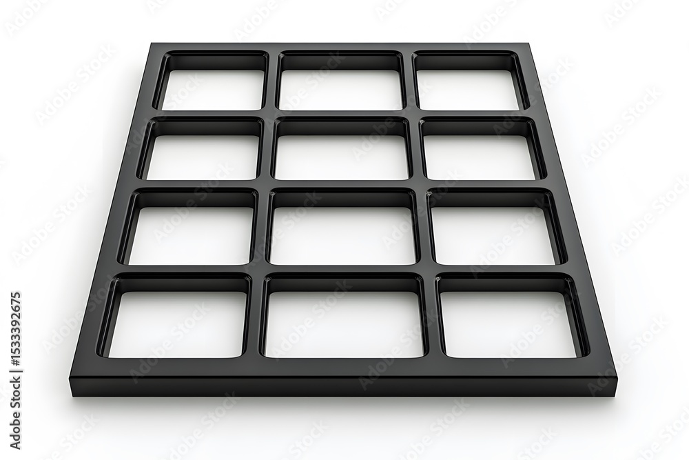 Poster sleek black grid pattern with square frames arranged on a pristine white background.