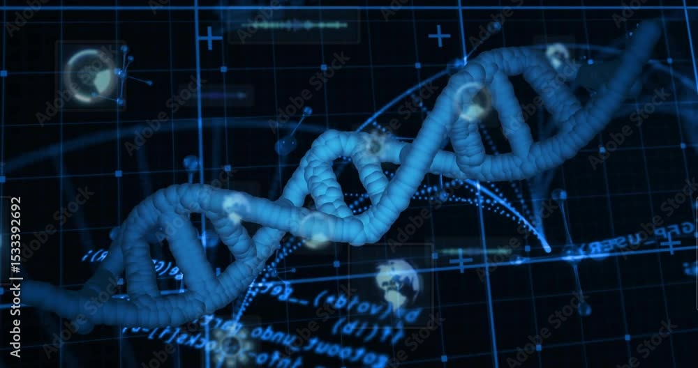 Poster On start digital DNA helix rotating, data icons orbiting, code scrolling and arcs connecting nodes