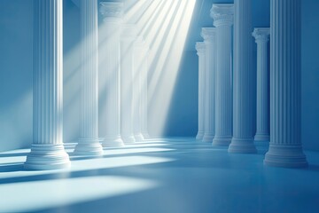 3D rendering of a blue background with white light rays and a minimalistic light blue floor, with white columns on the right side of the frame.