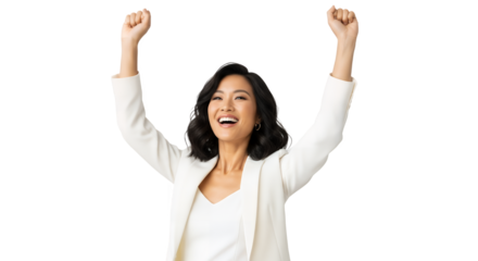 Smiling woman in white blazer raises arms in a gesture of joy on transparent background