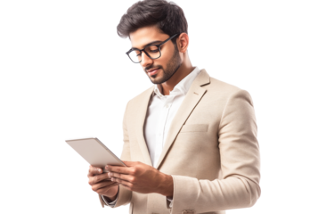 Young businessman in beige suit using tablet, transparent background, studio shot