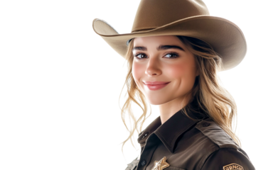 Smiling woman in a brown cowboy hat, wearing a sheriff's uniform, transparent background