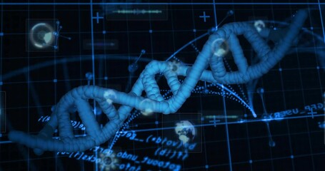 On start digital DNA helix rotating, data icons orbiting, code scrolling and arcs connecting nodes - Powered by Adobe