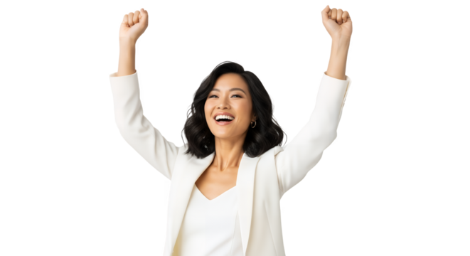 Smiling woman in white blazer raises arms in a gesture of joy on transparent background
