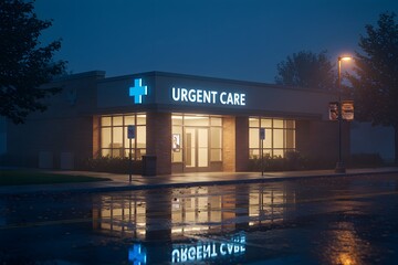 Urgent care facility at dusk, welcoming entrance.an Urgent Care clinic at dusk. building is modern with a blue cross and illuminated "URGENT CARE" sign, illuminated sign, a street with wet reflections