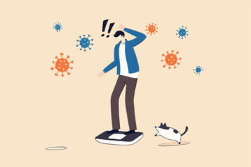 People gained weight, fat no exercise during self quarantine stay at home in COVID-19 Coronavirus social distancing concept, big fat man standing on weighing apparatus shock after see his weight.
