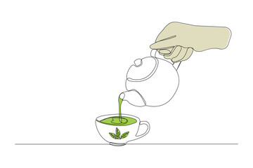 Hand-drawn matcha tea line art drawing. Hand pouring matcha tea linear icon vector.
