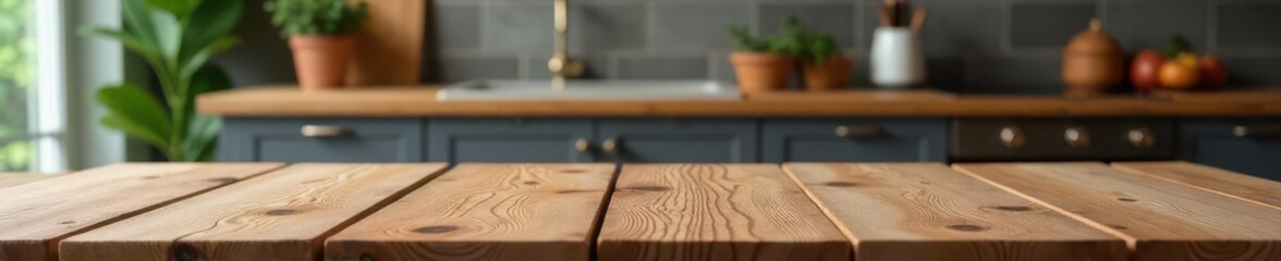 Rustic wooden tabletop against blurred kitchen backdrop, grain, brown
