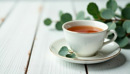 Fototapeta premium Scenic eucalyptus teacup, white wooden backdrop, copy space, relax, plant