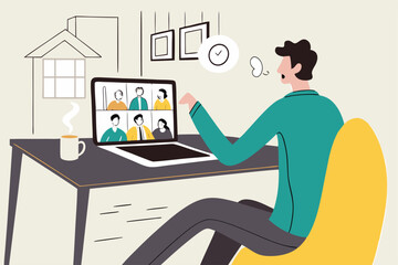Work from home video conference meeting with team in social distancing Coronavirus COVID-19 pandemic concept, office guy stay home working at home chair conference meeting with team on laptop computer