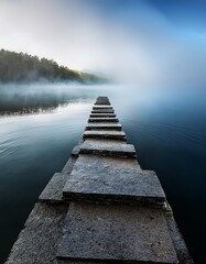 Obraz premium stone stairs above a foggy lake, surreal 