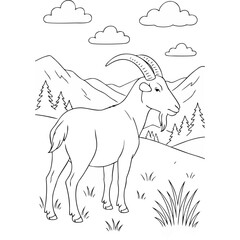 Goat Coloring Page with Mountain Landscape for Kids and Adults