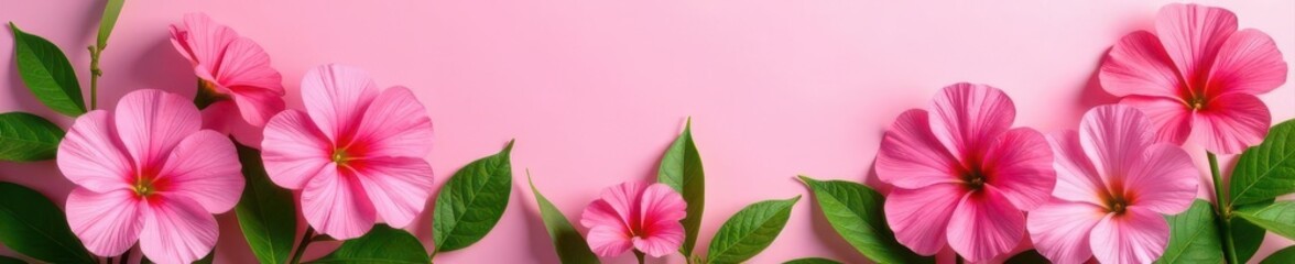 Vibrant pink flowers and lush green leaves on a pink background Summer floral arrangement, flat lay , leaves, floral design