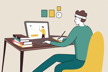 Online study, home schooling or e-learning while at home in social distancing Coronavirus COVID-19 outbreak concept, young man studying at home with online computer laptop and stack of books.