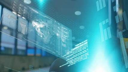 Opening blue light revealing rotating world map above laptop as tech researcher tapping data panels - Powered by Adobe