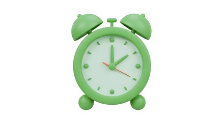 High-quality 3D green alarm clock icon in cartoon plastic style, cute proportions, shiny plastic texture, small round feet, twin bells, centered on white background, minimal design