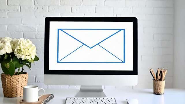 Modern workspace featuring a computer monitor displaying a blue email envelope, white desk, and neutral decor elements.