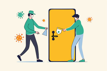 Cleaning or disinfect door handle to prevent Coronavirus COVID-19 outbreak concept, cleaning service workers spray disinfectant alcohol or sanitiser and using cloth to clean Coronavirus pathogens.