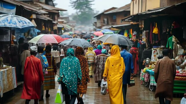 Crowd of people with umbrellas in bustling outdoor marketplace in Africa.