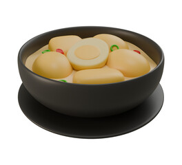 3D illustration of Indonesian opor telur dish with egg, tofu, and creamy yellow coconut curry in a dark bowl.