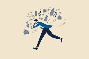 Coronavirus COVID-19 infect paranoid, panic, fear or nervous from social distancing, solitude or self isolation concept, man running with fear, paranoia about COVID-19 Coronavirus infectious disease