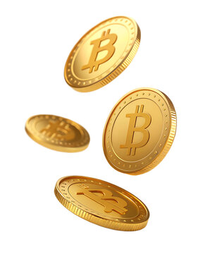 Golden bitcoins floating in the air against a black background depicting cryptocurrency concept art
