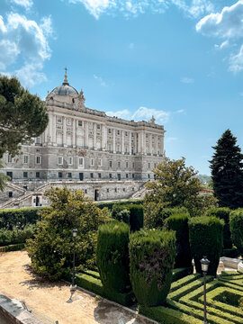 Madrid, Spain - June 2, 2025: Views of the Royal Palace gardens from above in Madrid Spain
