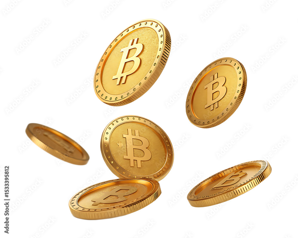 Poster golden bitcoin coins floating in the air against a black background in a digital rendering