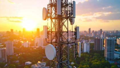 Cityscape Telecommunication Tower at Sunset: A tall telecommunication tower stands tall against a vibrant sunset over a sprawling cityscape, showcasing modern technology and urban infrastructure.