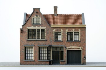 Fototapeta premium Detailed miniature model of a traditional brick house showcasing intricate architectural features and a charming modern garage on an urban street