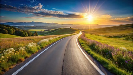 Naklejka premium Scenic asphalt road curving through vibrant green hills and wildflowers at sunset