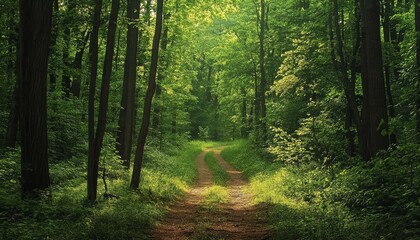 Obraz premium Serene Forest Path: Sunlit Dirt Road Winding Through Lush Green Deciduous Woodland, Tranquil Nature Scene, Peaceful Hiking Trail in Summer Woods.