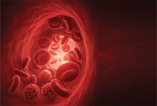 Streaming blood in vessels. Red Blood Cells Flowing Through an Artery Tunnel.  Hemophilia, blood cancers,  leukemia, lymphoma, and myeloma treatment medical imaging.