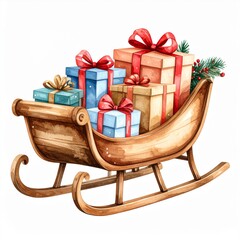 Watercolor Christmas Sleigh Filled with Gifts