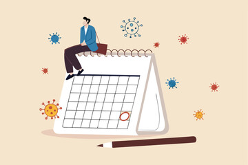 Coronavirus COVID-19 quarantine schedule calendar, plan for reopen business after COVID-19 lockdown concept, businessman business owner sitting on desktop calendar thinking about plan after lockdown.