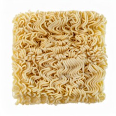 Close up view of uncooked instant noodles square block of dried pasta ready to prepare meal